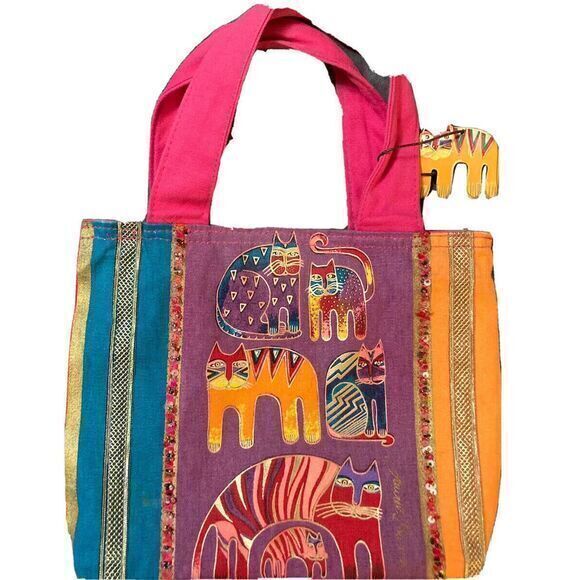 Laurel Burch Tote Feline Cats Hot Pink‎ purple Cats Small Purse 11x8 Artsy - Picture 1 of 6